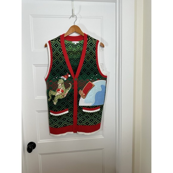 Jolly Ugly Christmas Sweater Vest T Rex Mens Sz L - Picture 1 of 5